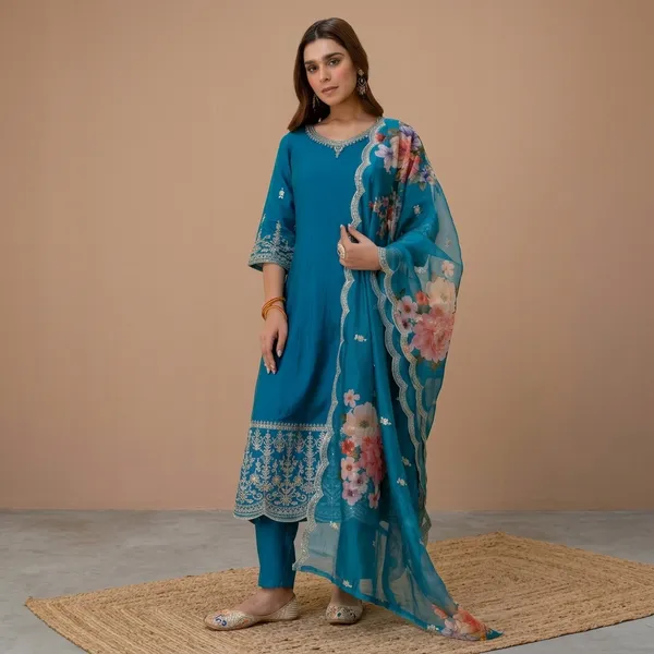 Teal_Blue_Silk_A_Line_Embroidered_Kurta_Pant_Set_With_Organza_Dupatta_For_Women