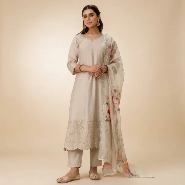 Beige_Silk_A_Line_Embroidered_Kurta_Pant_Set_With_Organza_Dupatta_For_Women