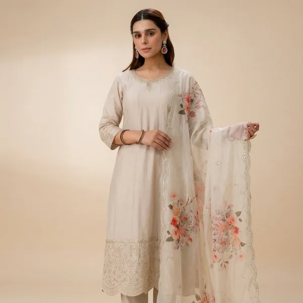 Beige_Silk_A_Line_Embroidered_Kurta_Pant_Set_With_Organza_Dupatta_For_Women
