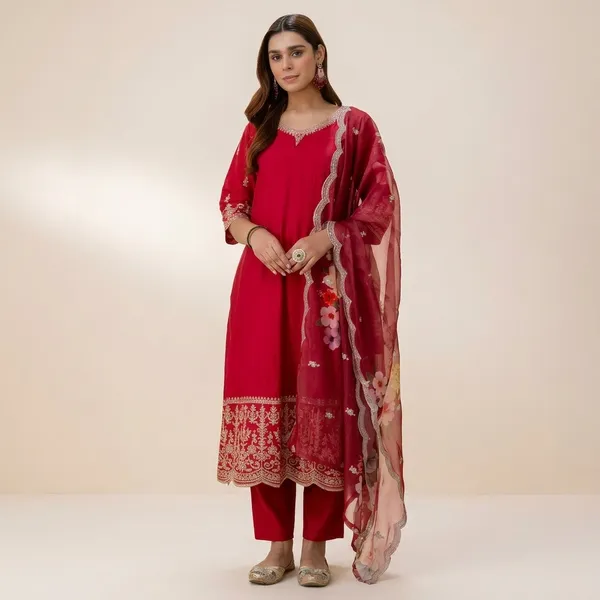 Red_Silk_A_Line_Embroidered_Kurta_Pant_Set_With_Organza_Dupatta_For_Women