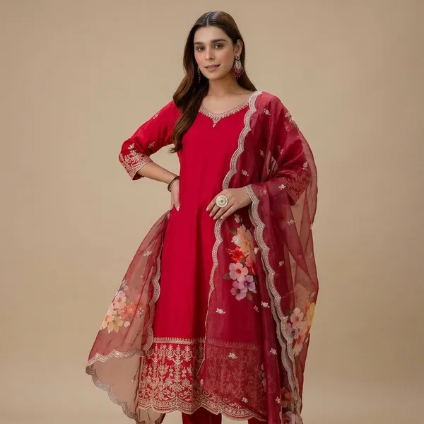 Red_Silk_A_Line_Embroidered_Kurta_Pant_Set_With_Organza_Dupatta_For_Women
