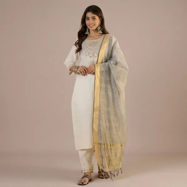 White_Cotton_Embroidered_Kurta_Pant_Set_With_Chanderi_Dupatta_For_Women
