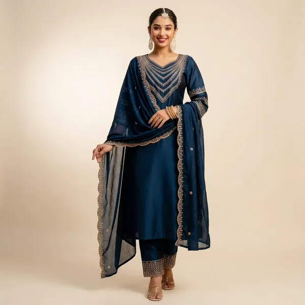 Teal_Blue_Silk_Embroidered_Kurta_Pant_Set_With_Chinon_Dupatta_For_Women