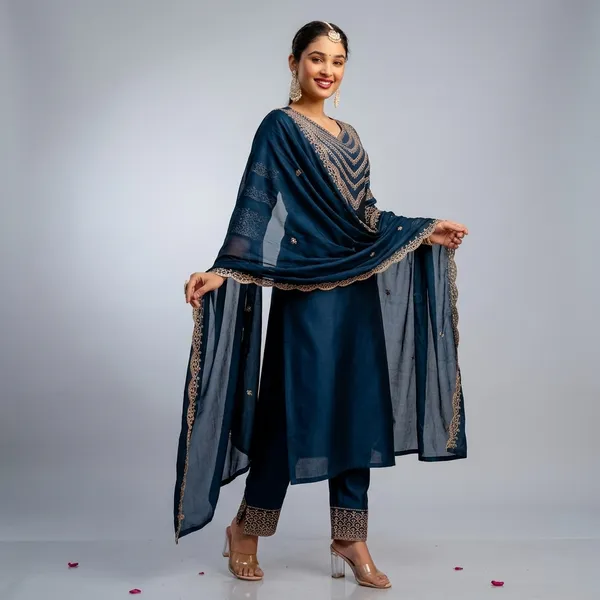 Teal_Blue_Silk_Embroidered_Kurta_Pant_Set_With_Chinon_Dupatta_For_Women