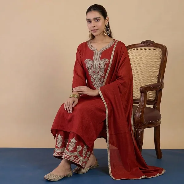 Red_Viscose_Silk_Embroidered_Kurta_Pant_Set_With_Silk_Dupatta_For_Women