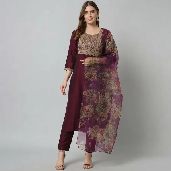 Maroon_Silk_Kurta_Trouser_Set_With_Organza_Dupatta_For_Women