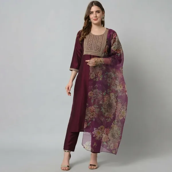 Maroon_Silk_Kurta_Trouser_Set_With_Organza_Dupatta_For_Women