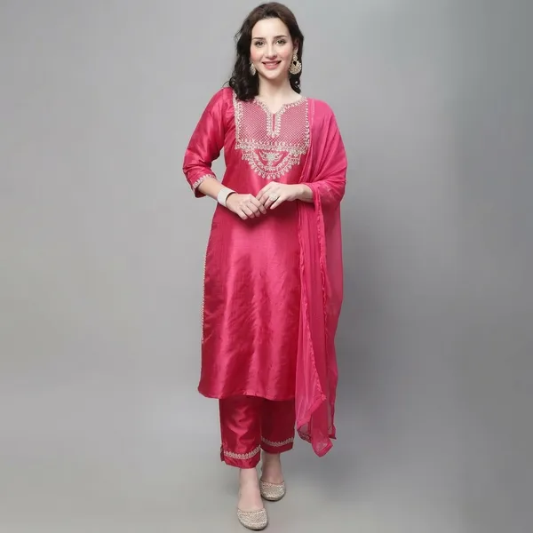 Pink_Silk_Nyra_Cut_Kurta_Trouser_Set_With_Dupatta_For_Women