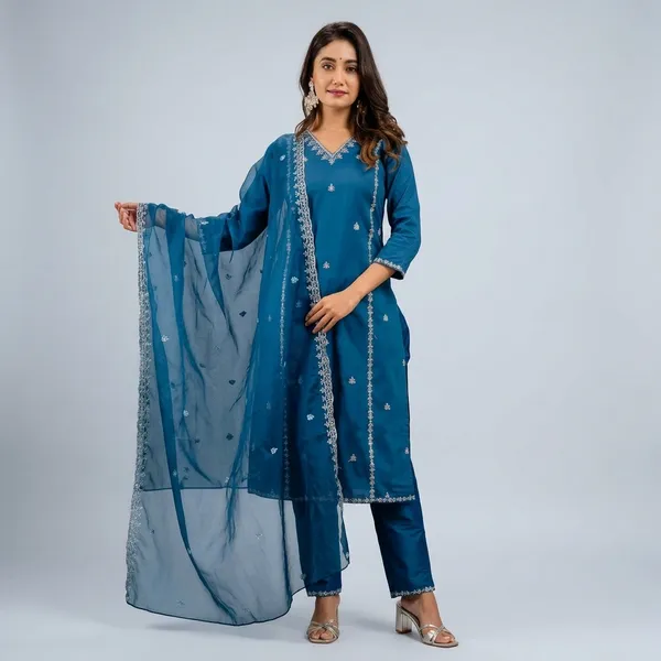 Blue_Silk_Embroidered_Kurta_Trouser_Set_With_Organza_Dupatta_For_Women
