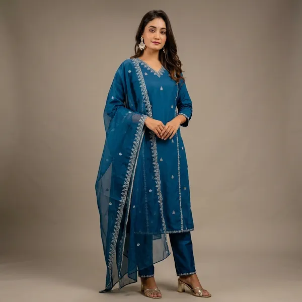 Blue_Silk_Embroidered_Kurta_Trouser_Set_With_Organza_Dupatta_For_Women