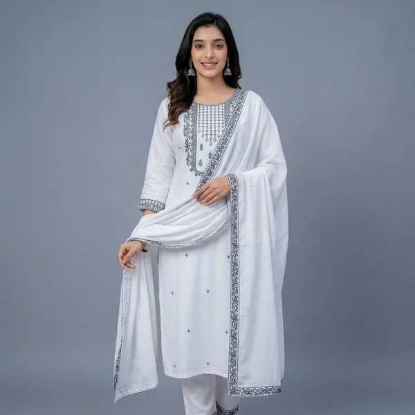 White_Viscose_Roman_Silk_Embroidered_Kurta_Pant_Set_With_Dupatta_For_Women