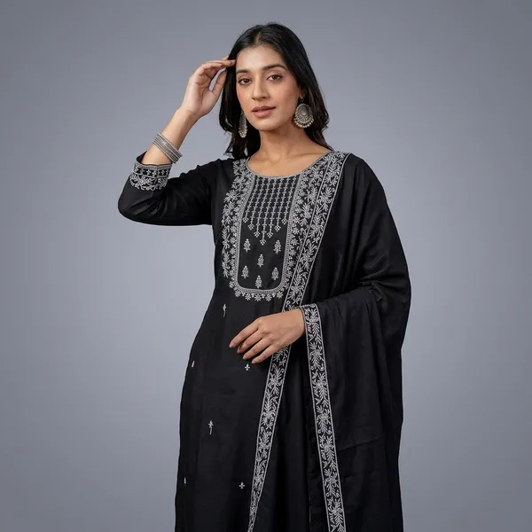 Black_Viscose_Roman_Silk_Embroidered_Kurta_Pant_Set_With_Dupatta_For_Women