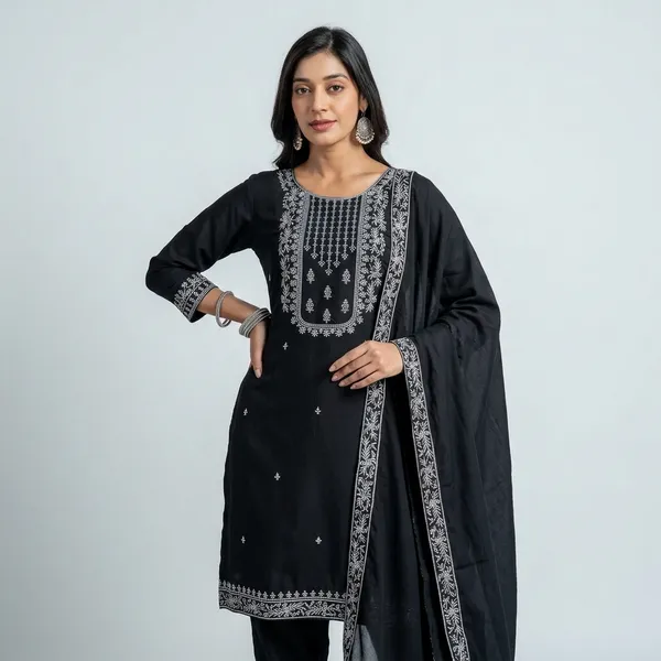 Black_Viscose_Roman_Silk_Embroidered_Kurta_Pant_Set_With_Dupatta_For_Women