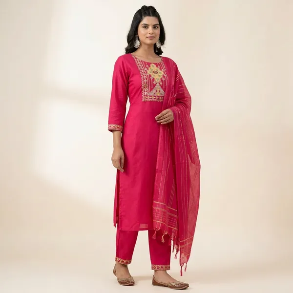 Pink_Cotton_Straight_Kurta_Pant_Set_With_Chanderi_Dupatta_For_Women