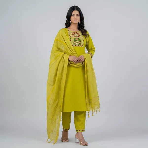 Lime_Green_Cotton_Straight_Kurta_Pant_Set_With_Chanderi_Dupatta_For_Women