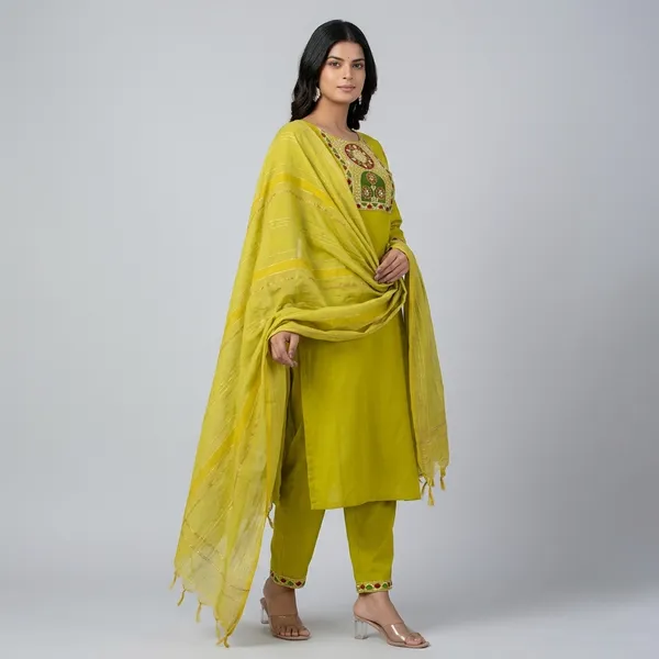 Lime_Green_Cotton_Straight_Kurta_Pant_Set_With_Chanderi_Dupatta_For_Women