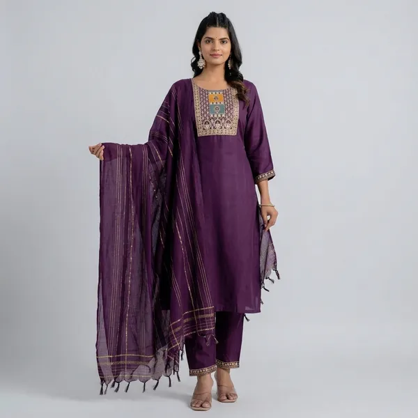Wine_Cotton_Straight_Kurta_Pant_Set_With_Chanderi_Dupatta_For_Women