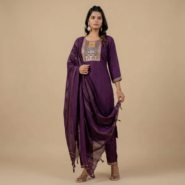 Wine_Cotton_Straight_Kurta_Pant_Set_With_Chanderi_Dupatta_For_Women