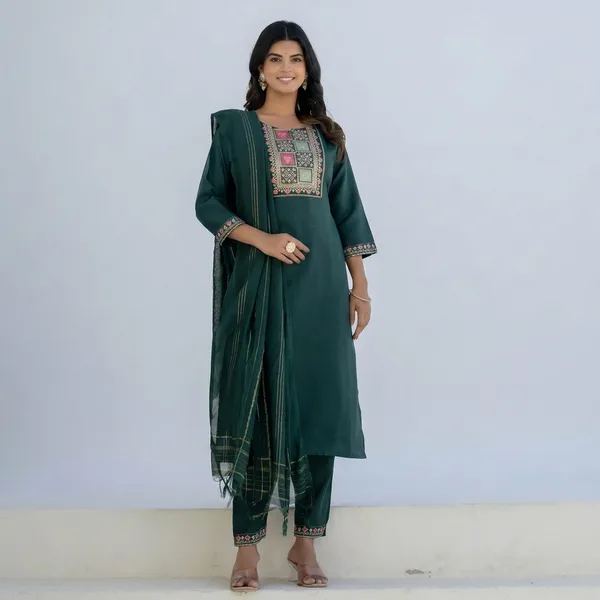 Green_Cotton_Straight_Kurta_Pant_Set_With_Chanderi_Dupatta_For_Women
