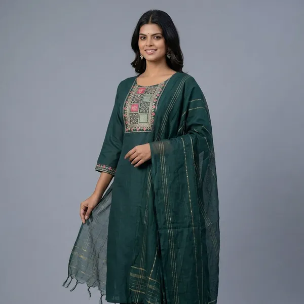 Green_Cotton_Straight_Kurta_Pant_Set_With_Chanderi_Dupatta_For_Women
