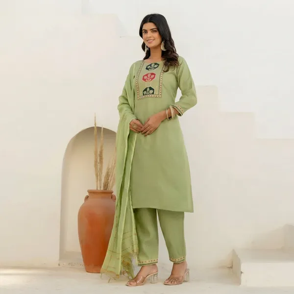 Green_Cotton_Straight_Kurta_Pant_Set_With_Chanderi_Dupatta_For_Women