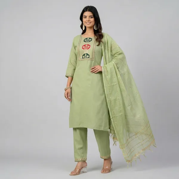 Green_Cotton_Straight_Kurta_Pant_Set_With_Chanderi_Dupatta_For_Women