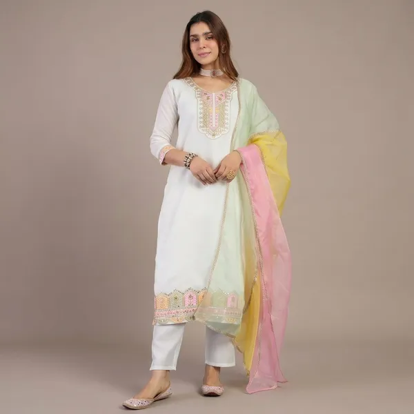 White_Silk_Kurta_Pant_Set_With_Lace_Border_Dupatta_For_Women