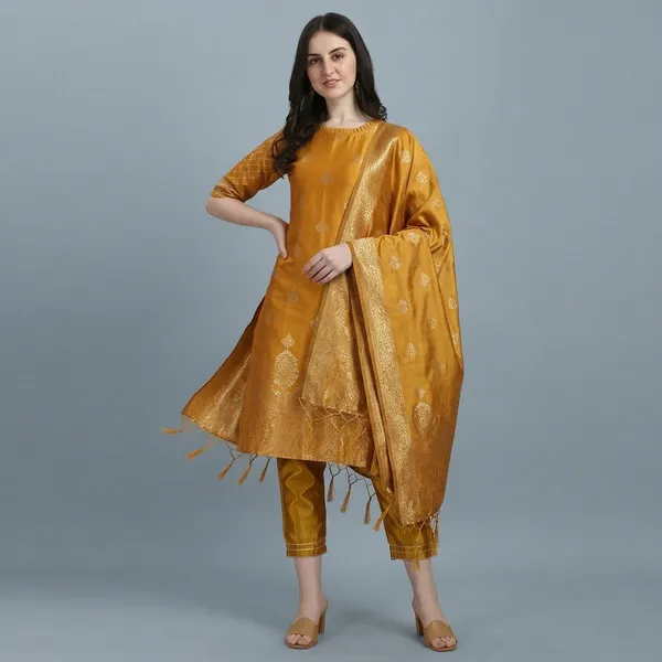 Mustard_Cotton_Silk_Kurta_Pant_Set_With_Banarasi_Dupatta_For_Women