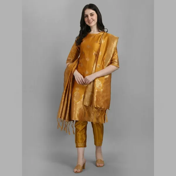 Mustard_Cotton_Silk_Kurta_Pant_Set_With_Banarasi_Dupatta_For_Women
