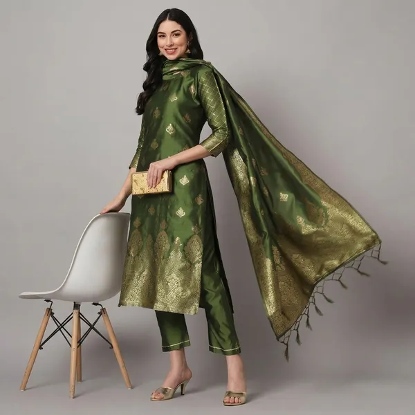 Olive_Green_Cotton_Silk_Kurta_Pant_Set_With_Banarasi_Dupatta_For_Women