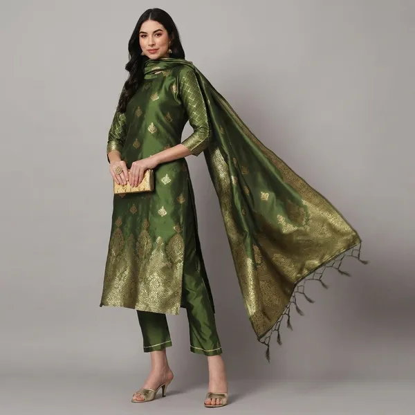 Olive_Green_Cotton_Silk_Kurta_Pant_Set_With_Banarasi_Dupatta_For_Women