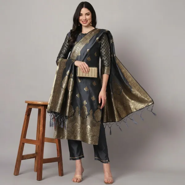 Grey_Cotton_Silk_Kurta_Pant_Set_With_Banarasi_Dupatta_For_Women