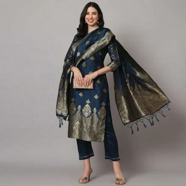 Navy_Blue_Cotton_Silk_Kurta_Pant_Set_With_Banarasi_Dupatta_For_Women