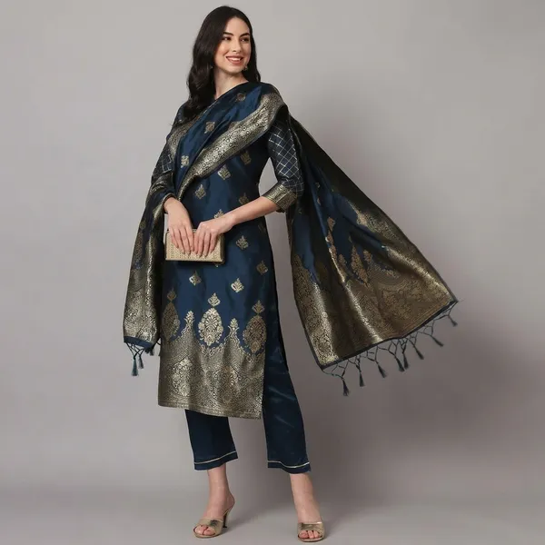 Navy_Blue_Cotton_Silk_Kurta_Pant_Set_With_Banarasi_Dupatta_For_Women