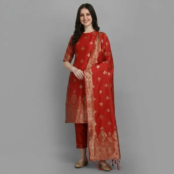 Red_Cotton_Silk_Kurta_Pant_Set_With_Banarasi_Dupatta_For_Women