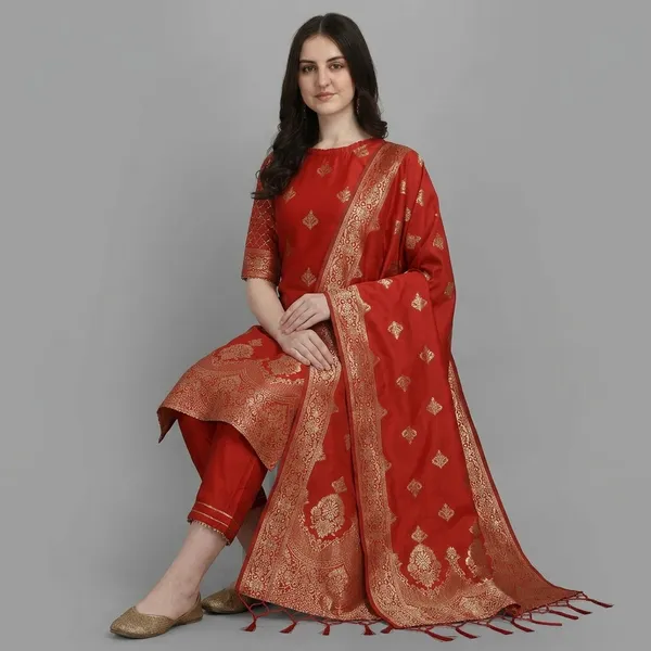 Red_Cotton_Silk_Kurta_Pant_Set_With_Banarasi_Dupatta_For_Women
