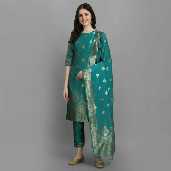 Blue_Cotton_Silk_Kurta_Pant_Set_With_Banarasi_Silk_Dupatta_For_Women