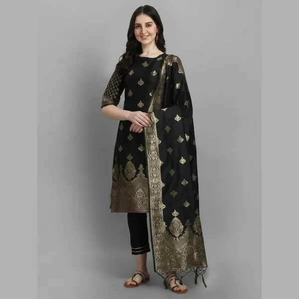 Black_Cotton_Silk_Kurta_Pant_Set_With_Banarasi_Silk_Dupatta_For_Women