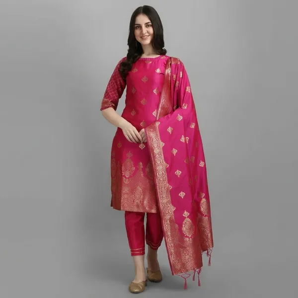 Pink_Cotton_Silk_Kurta_Pant_Set_With_Banarasi_Silk_Dupatta_For_Women