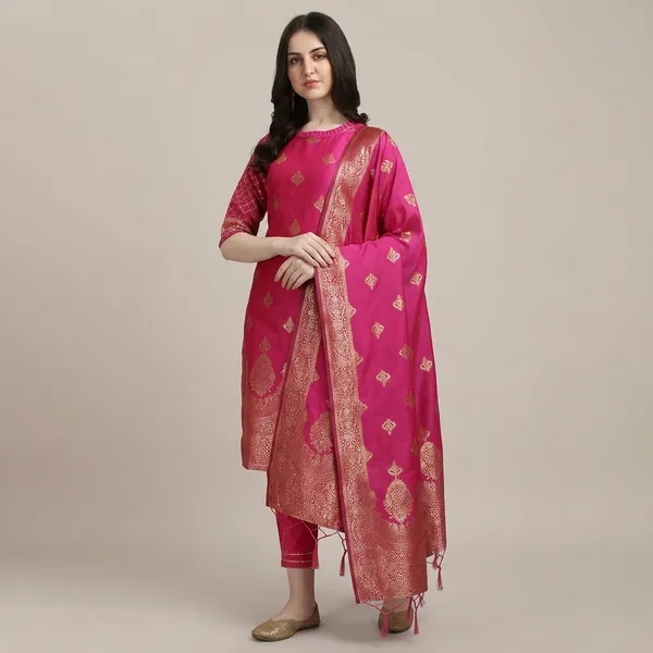 Pink_Cotton_Silk_Kurta_Pant_Set_With_Banarasi_Silk_Dupatta_For_Women