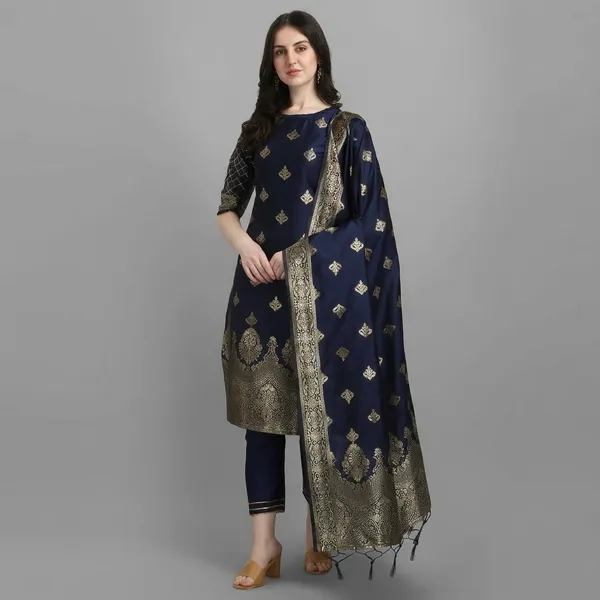 Blue_Cotton_Silk_Kurta_Pant_Set_With_Banarasi_Dupatta_For_Women