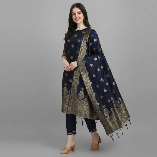 Blue_Cotton_Silk_Kurta_Pant_Set_With_Banarasi_Dupatta_For_Women