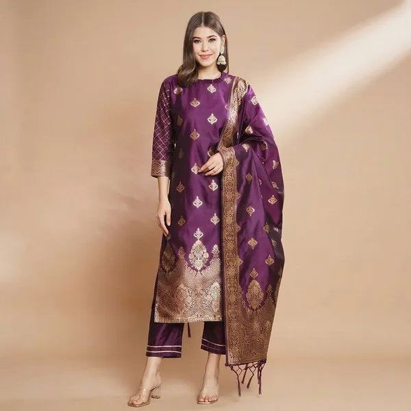 Purple_Cotton_Silk_Kurta_Pant_Set_With_Banarasi_Silk_Dupatta_For_Women