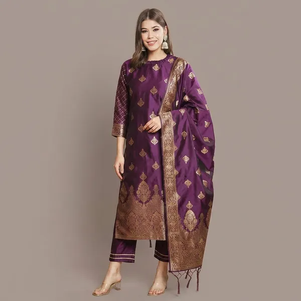 Purple_Cotton_Silk_Kurta_Pant_Set_With_Banarasi_Silk_Dupatta_For_Women