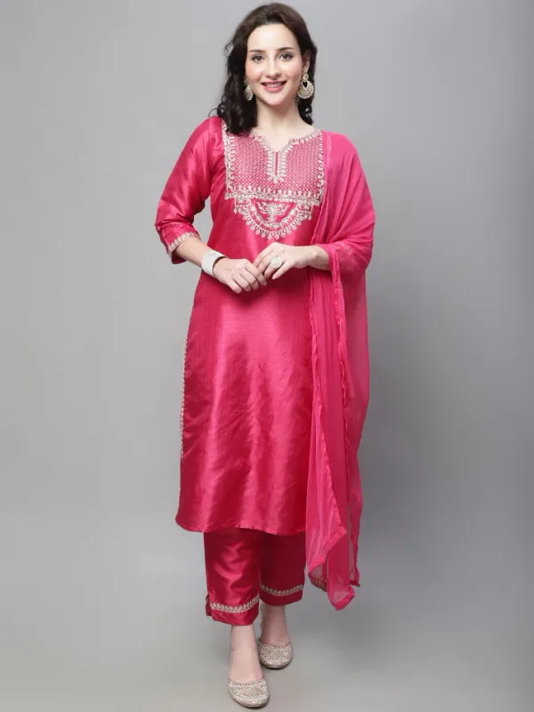 Pink_Silk_Nyra_Cut_Kurta_Trouser_Set_With_Dupatta_For_Women