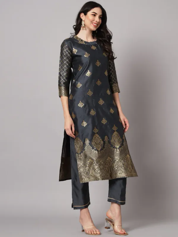Grey_Cotton_Silk_Kurta_Pant_Set_With_Banarasi_Dupatta_For_Women