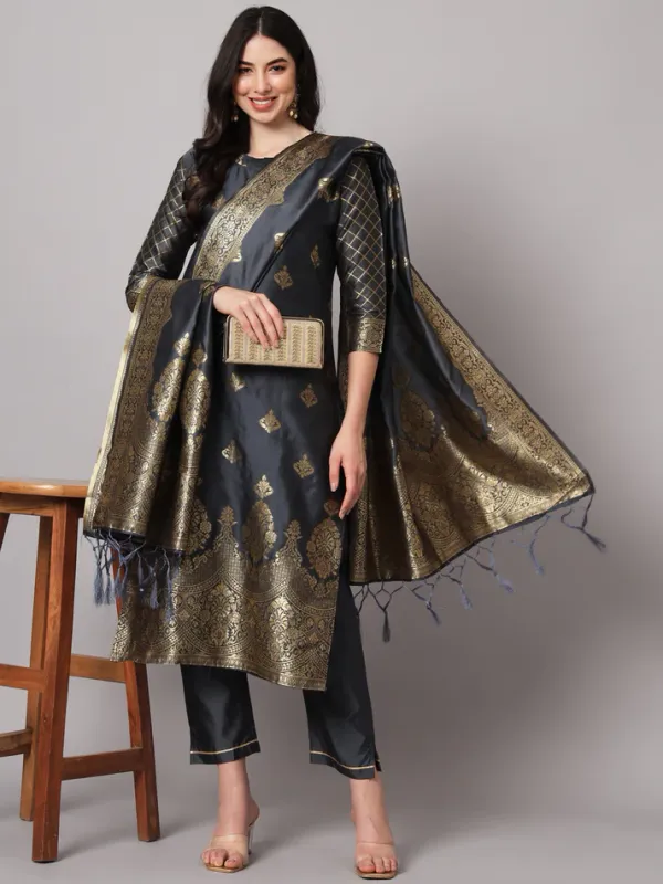 Grey_Cotton_Silk_Kurta_Pant_Set_With_Banarasi_Dupatta_For_Women