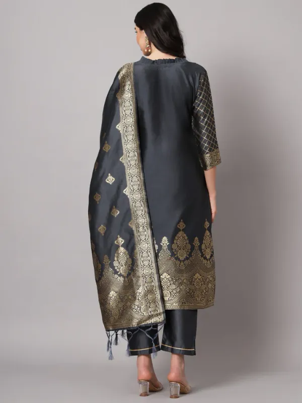 Grey_Cotton_Silk_Kurta_Pant_Set_With_Banarasi_Dupatta_For_Women