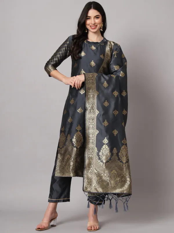 Grey_Cotton_Silk_Kurta_Pant_Set_With_Banarasi_Dupatta_For_Women