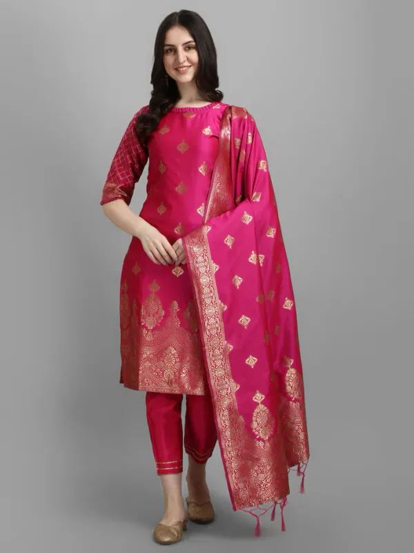 Pink_Cotton_Silk_Kurta_Pant_Set_With_Banarasi_Silk_Dupatta_For_Women